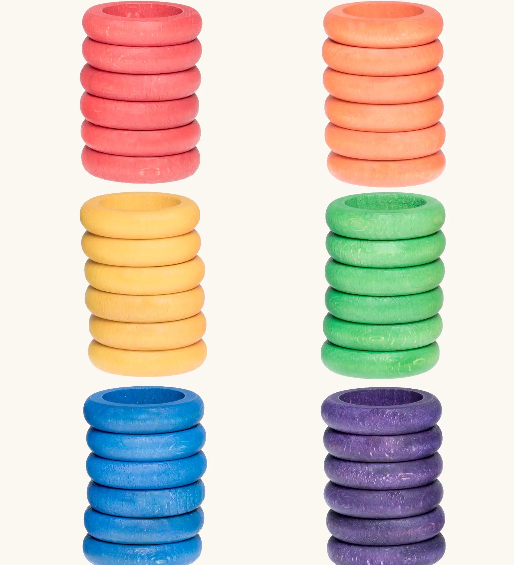 Grapat handcrafted wooden ring loose pieces in 6 rainbow colours, in a set of 36. Perfect for creative play and pattern making