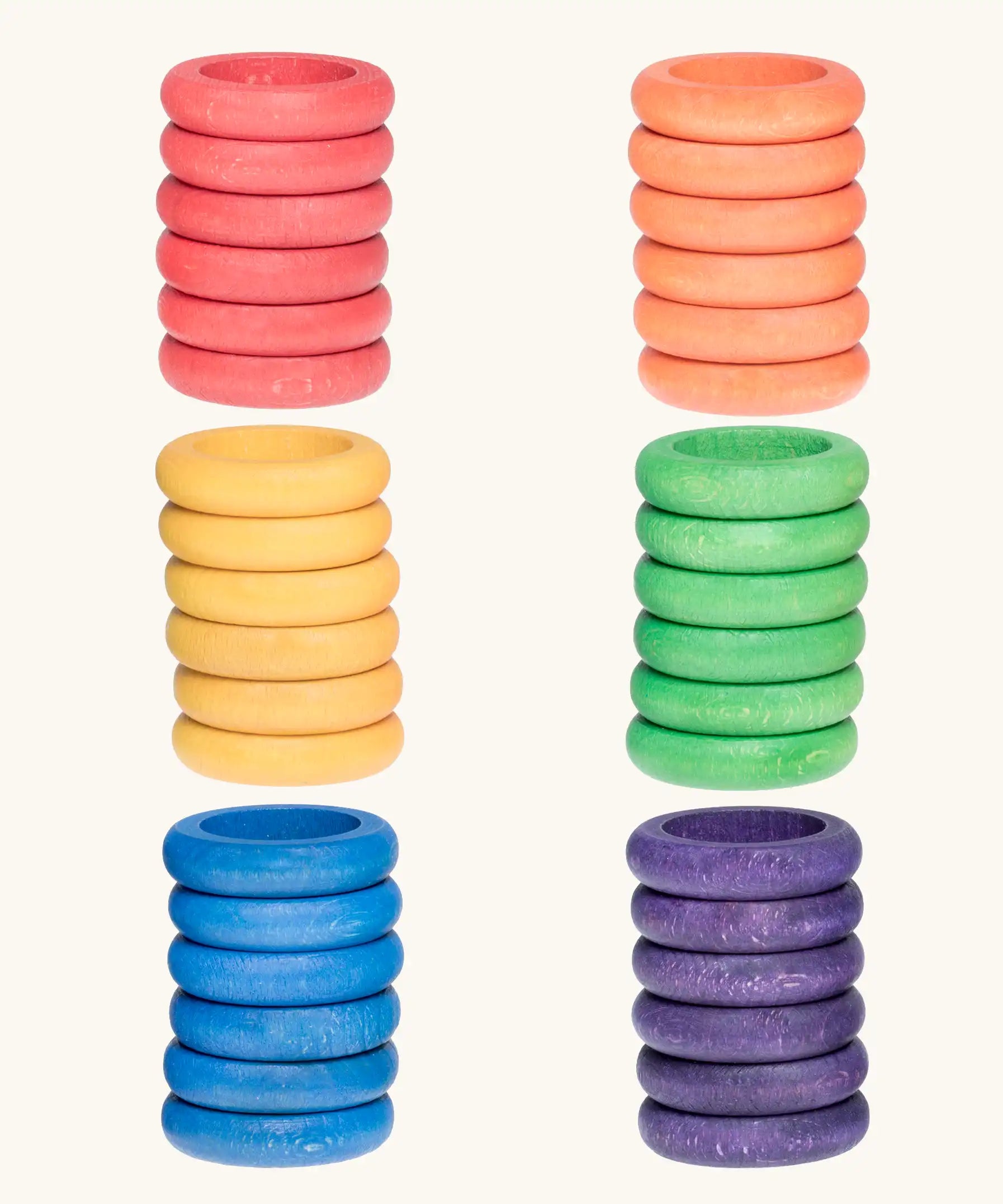 Grapat handcrafted wooden ring loose pieces in 6 rainbow colours, in a set of 36. Perfect for creative play and pattern making