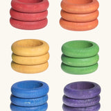 Grapat handcrafted wooden ring loose pieces in 6 rainbow colours, in a set of 18. Perfect for creative play and pattern making