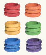 Grapat handcrafted wooden ring loose pieces in 6 rainbow colours, in a set of 18. Perfect for creative play and pattern making