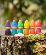 Grapat set of 6 Rainbow Tomten Figures placed on a tree stump outdoors. Grapat have a wide range of open ended wooden toys and loose parts available at Babipur. 