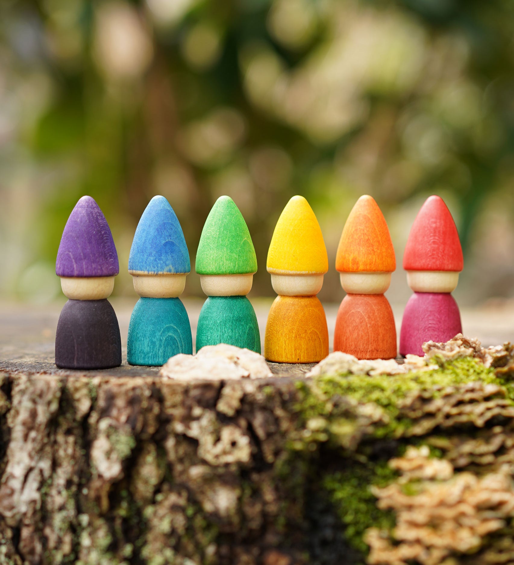 Grapat set of 6 Rainbow Tomten Figures placed on a tree stump outdoors. Grapat have a wide range of open ended wooden toys and loose parts available at Babipur. 