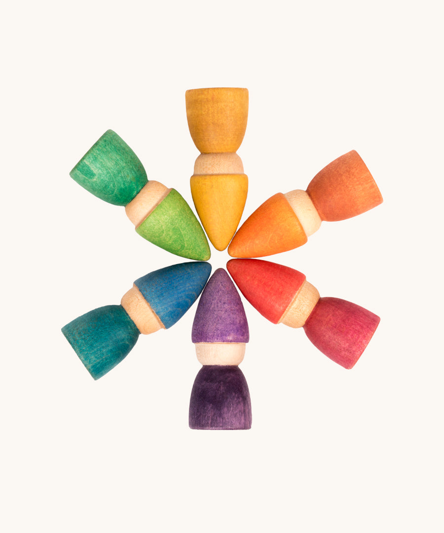 Grapat set of 6 Rainbow Tomten Figures. Grapat have a wide range of open ended wooden toys and loose parts available at Babipur. 