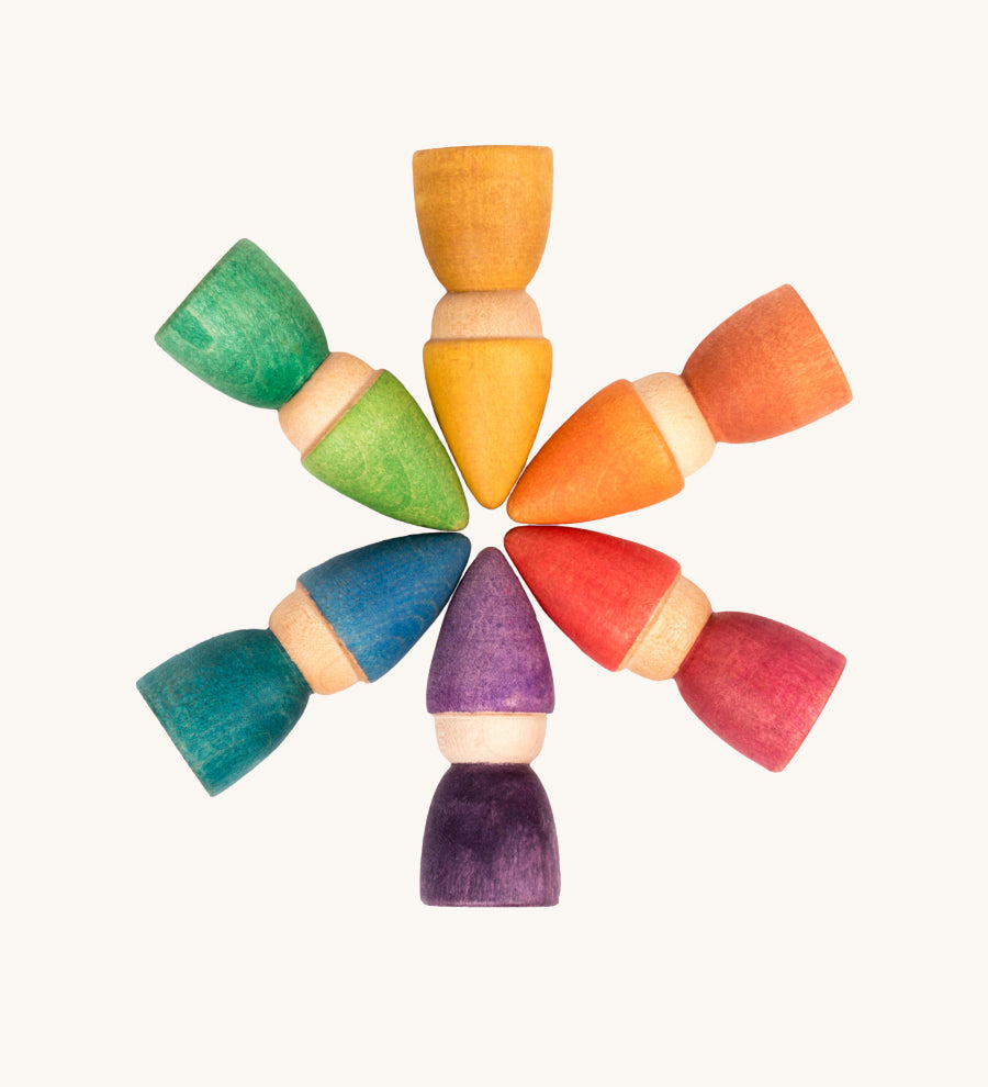 Grapat set of 6 Rainbow Tomten Figures. Grapat have a wide range of open ended wooden toys and loose parts available at Babipur. 