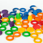36 rings and 18 coins for colour matching and sorting. Stacked in their corresponding colours on a white background.