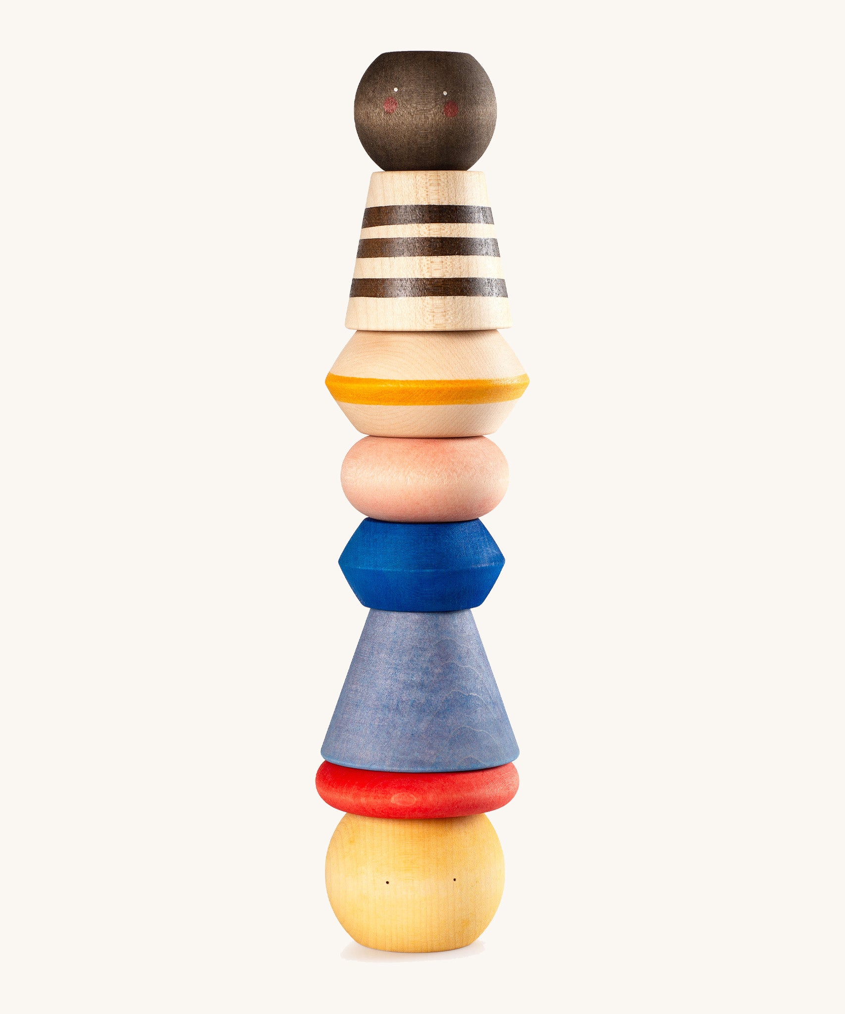 Grapat serendipity wooden stacking set - A vibrant wooden stacking set which features 8 different handcrafted wooden shaped pieces stacked. Features a brown, light pink, blue yellow orange and striped pieces. 