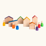 A set of 6 handcrafted Grapat wooden house shaped blocks with coloured roofs and matching peg dolls