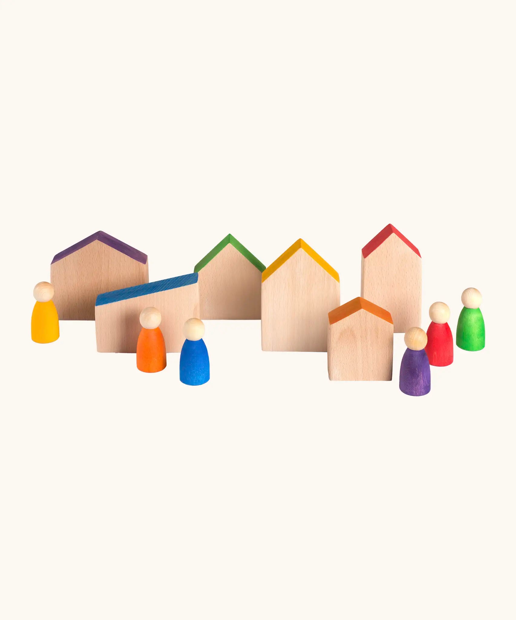 A set of 6 handcrafted Grapat wooden house shaped blocks with coloured roofs and matching peg dolls