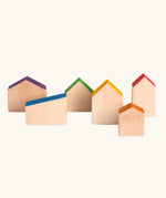 A set of 6 handcrafted Grapat wooden house shaped blocks with coloured roofs