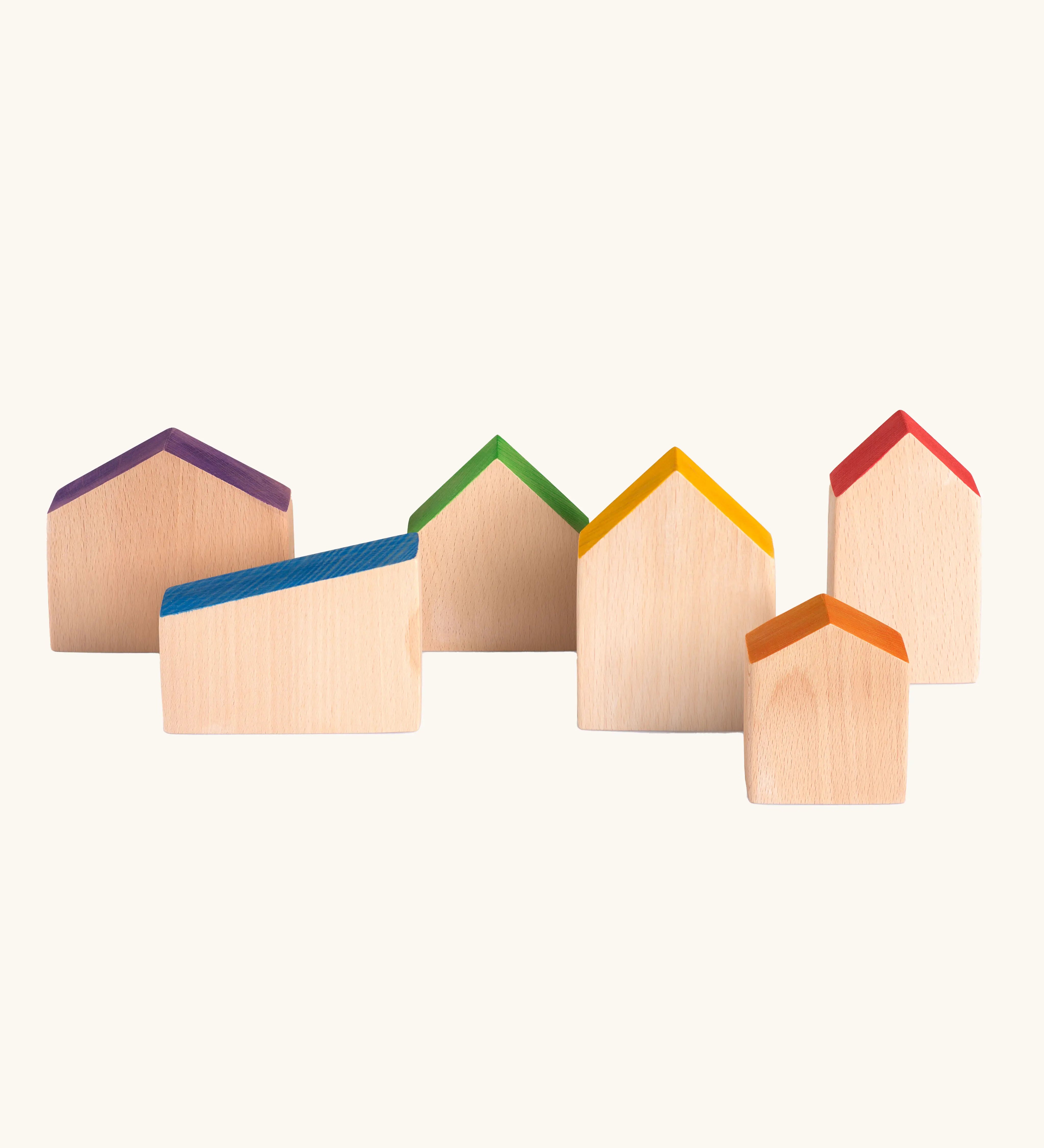 A set of 6 handcrafted Grapat wooden house shaped blocks with coloured roofs