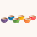 Grapat 6 Rainbow Sorting Bowls lined up. These wooden bowls are part of a wide range of loose parts and wooden toys available here at Babipur. 