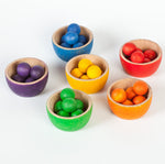 Grapat Wooden Toy Bowls & Marbles Set - 36 marbles and 6 small wooden sorting bowls in 6 rainbow colours