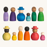 Grapat Together Play Set. A set of 12 rainbow coloured wooden peg dolls in various shapes and sizes. Grapat have a wide range of wooden toys and loose parts available at Babipur. 