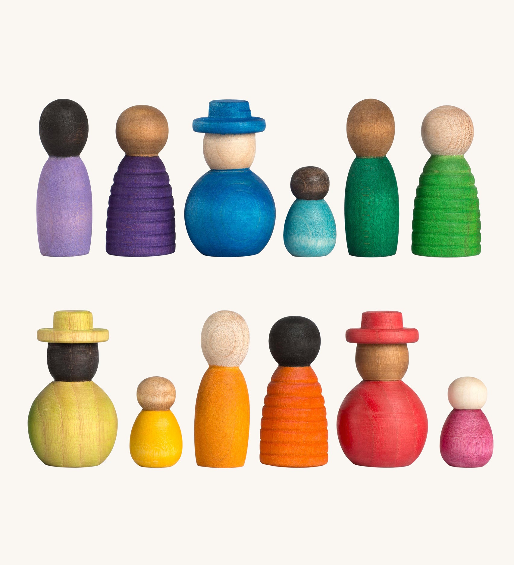 Grapat Together Play Set. A set of 12 rainbow coloured wooden peg dolls in various shapes and sizes. Grapat have a wide range of wooden toys and loose parts available at Babipur. 