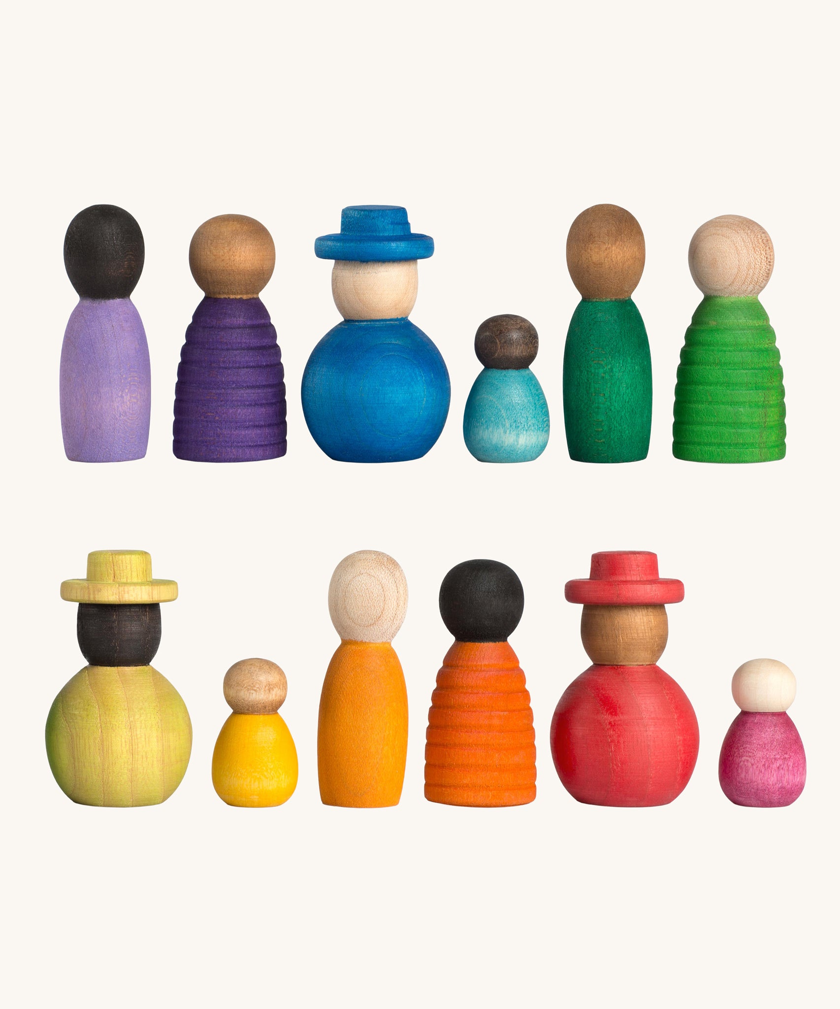 Grapat Together Play Set. A set of 12 rainbow coloured wooden peg dolls in various shapes and sizes. Grapat have a wide range of wooden toys and loose parts available at Babipur. 