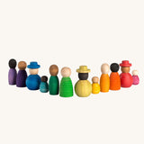 Grapat Together Play Set. A set of 12 rainbow coloured wooden peg dolls in various shapes and sizes. Grapat have a wide range of wooden toys and loose parts available at Babipur. 