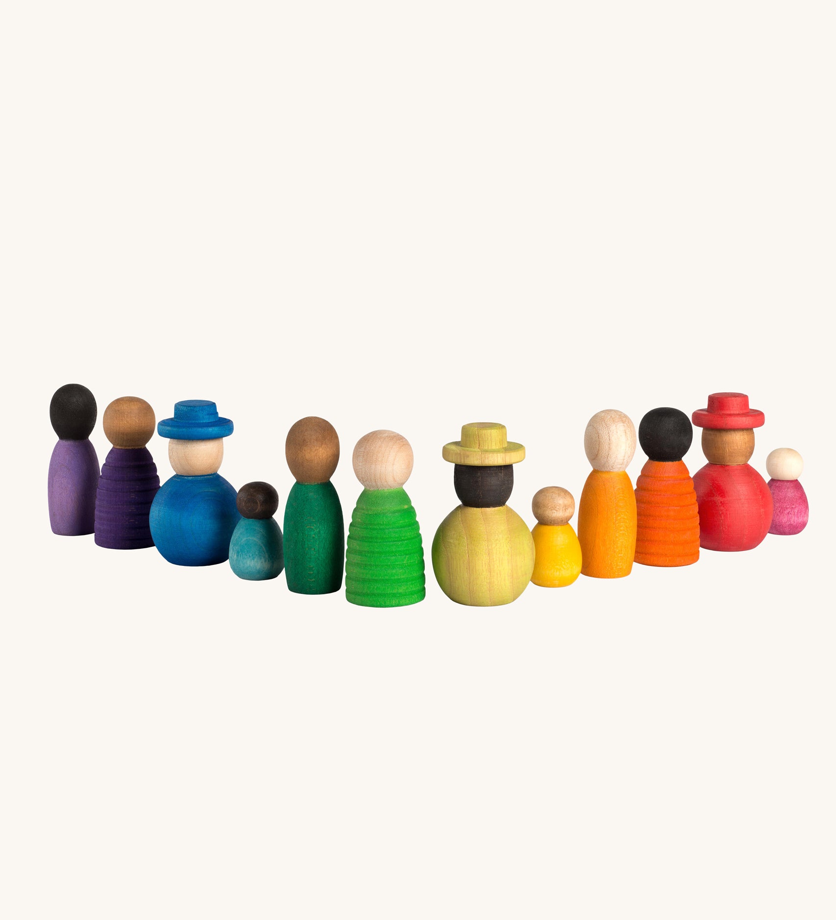 Grapat Together Play Set. A set of 12 rainbow coloured wooden peg dolls in various shapes and sizes. Grapat have a wide range of wooden toys and loose parts available at Babipur. 