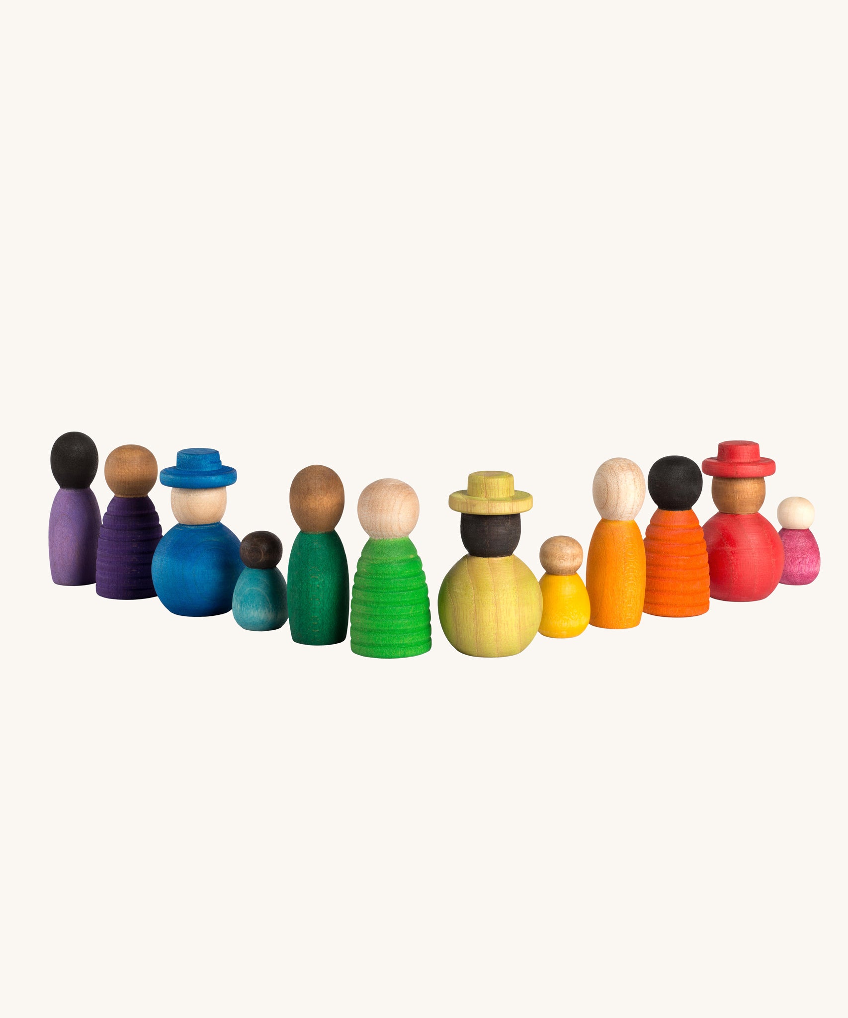 Grapat Together Play Set. A set of 12 rainbow coloured wooden peg dolls in various shapes and sizes. Grapat have a wide range of wooden toys and loose parts available at Babipur. 