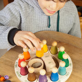 Grapat English Perpetual Calendar displaying the 12 nin peg dolls in colours representing the months of the year according to Waldorf teachings. The display ring has each month written in English around the edge and two cubes in the centre to mark the day