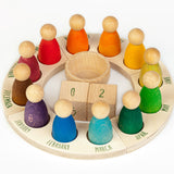 Grapat English Perpetual Calendar displaying the 12 nin peg dolls in colours representing the months of the year according to Waldorf teachings. The display ring has each month written in English around the edge and two cubes in the centre to mark the day
