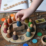 Child placing the blue Nin from the Grapat Welsh perpetual calendar on top of the date number blocks. 