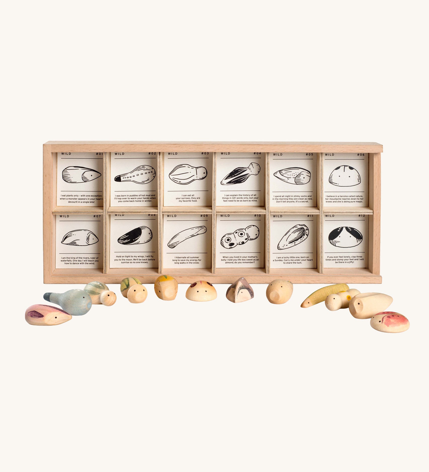 Grapat 12 Wild Wooden Creatures Set. These wooden creatures are handpainted and come with a wooden storage tray. Grapat have a wide range of wooden toys and loose parts available at Babipur. 