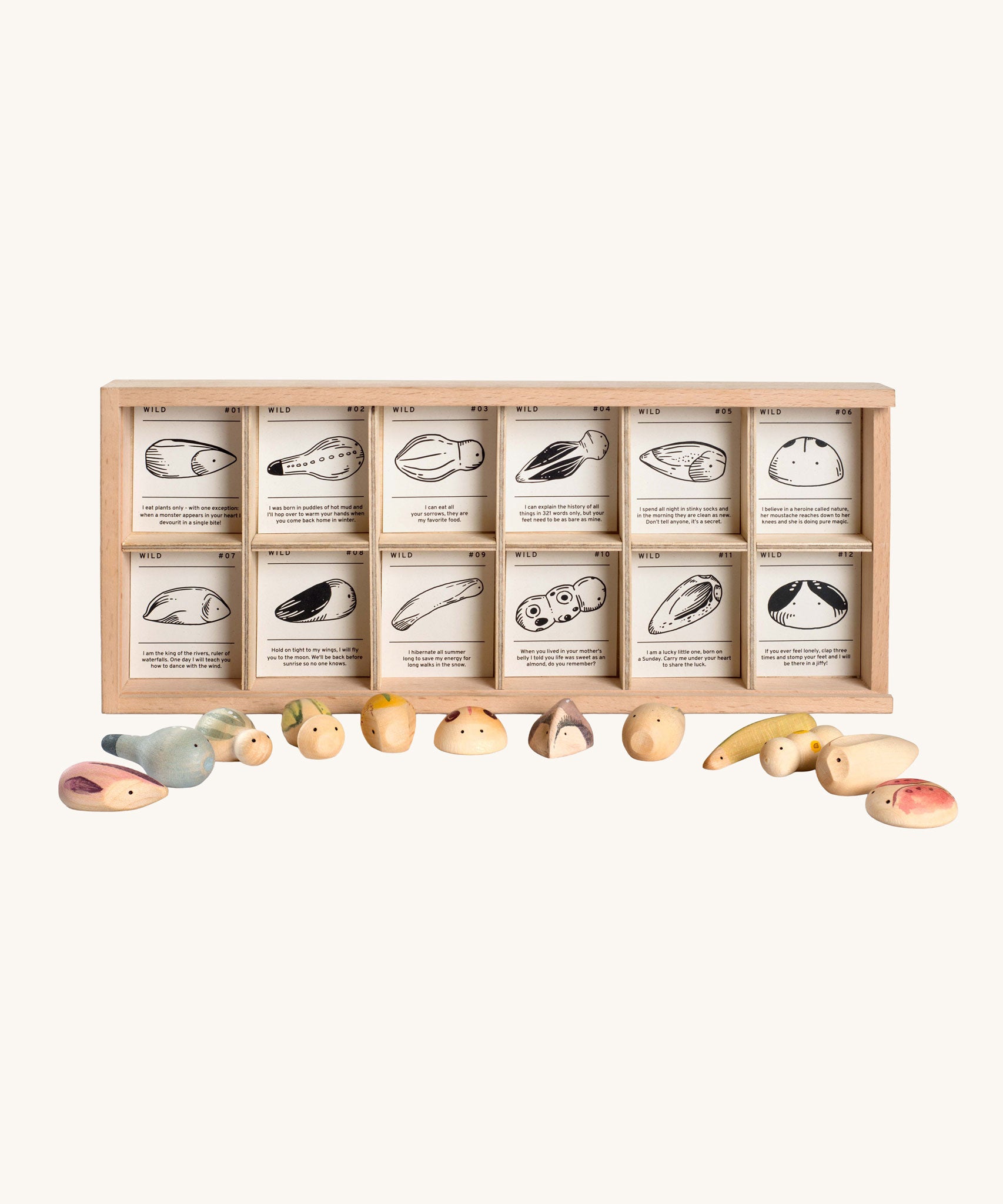 Grapat 12 Wild Wooden Creatures Set. These wooden creatures are handpainted and come with a wooden storage tray. Grapat have a wide range of wooden toys and loose parts available at Babipur. 