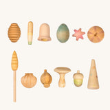 Grapat Wonders Set. A set of 12 wooden toy pieces in various shapes. Grapat have a range of loose parts toys available at Babipur. 