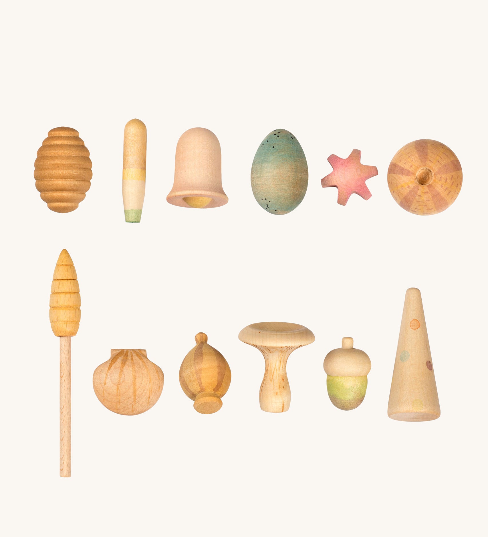 Grapat Wonders Set. A set of 12 wooden toy pieces in various shapes. Grapat have a range of loose parts toys available at Babipur. 