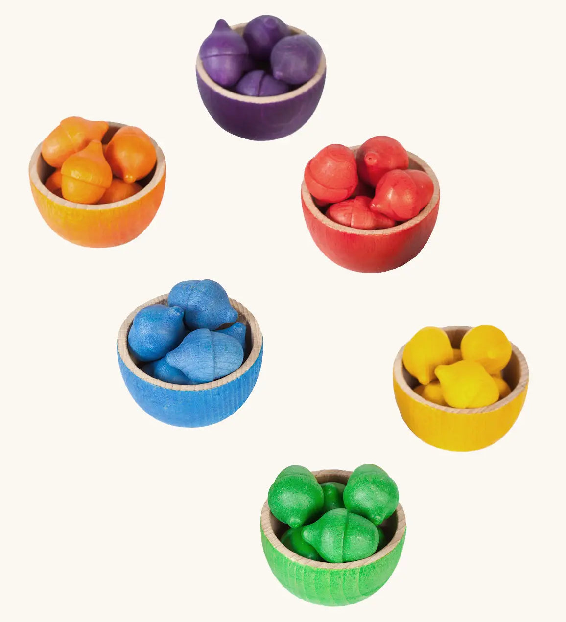 Grapat handcrafted wooden bowl and acorn  set in rainbow inspired colours perfect for sorting games