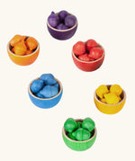 Grapat handcrafted wooden bowl and acorn  set in rainbow inspired colours perfect for sorting games