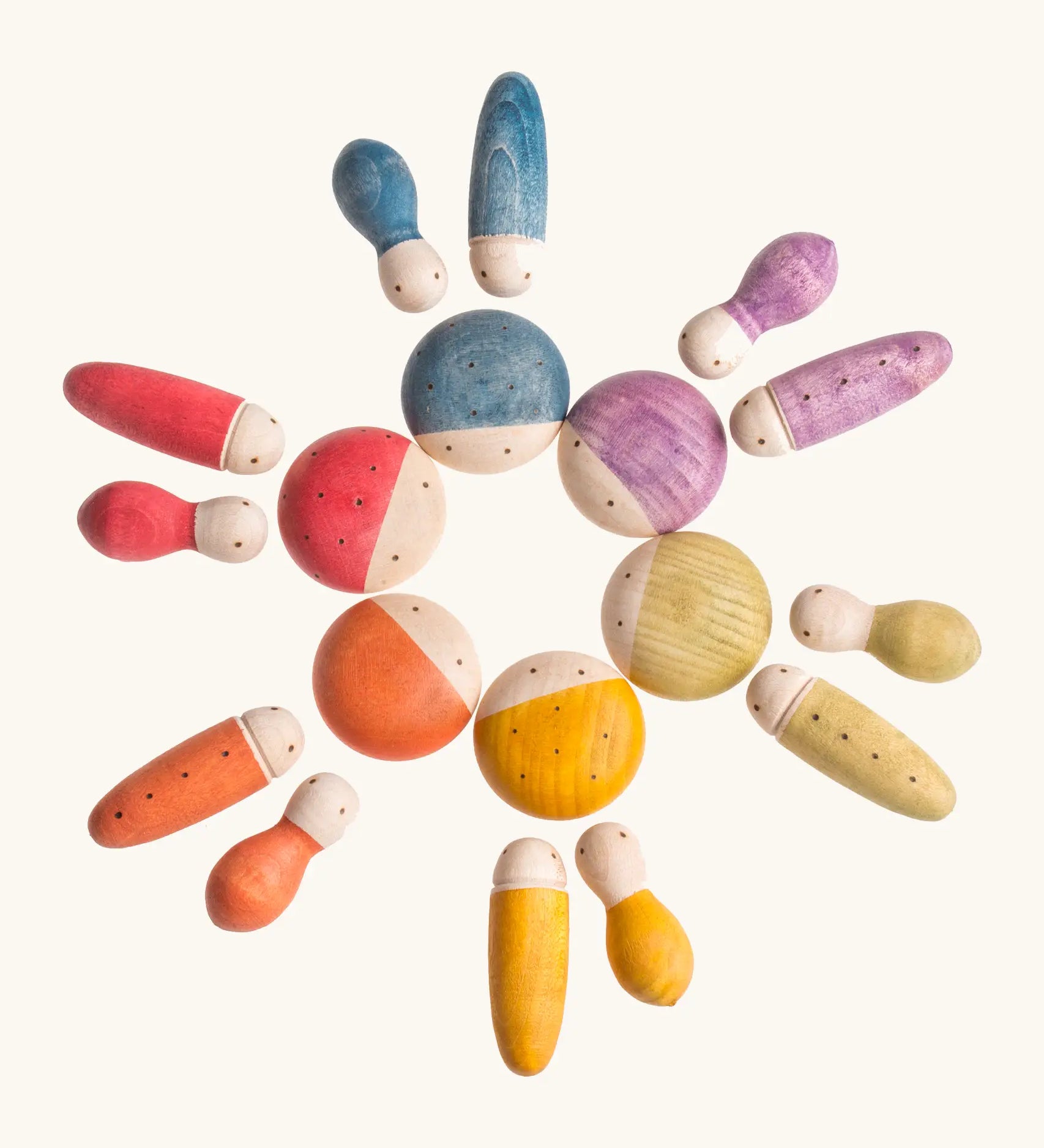 Grapat hand crafted wooden insect set painted in different colours, includes ladybirds slugs and ants 