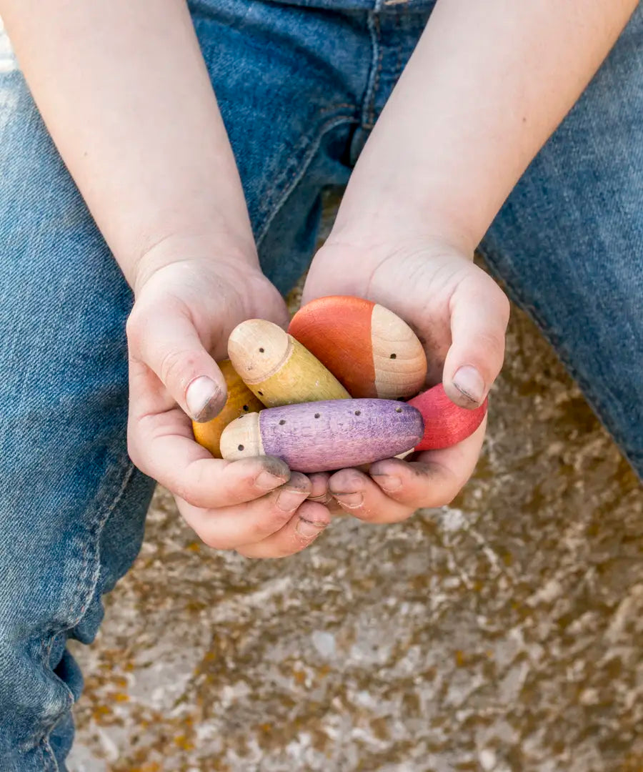 Child holding a bunch of different Grapat wooden insect pieces 