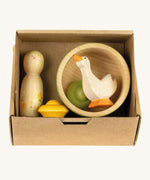 Grapat / Ostheimer hello Summer wooden figure set. Showing  the 5 hand made wooden figures inside the cardboard packaging. 