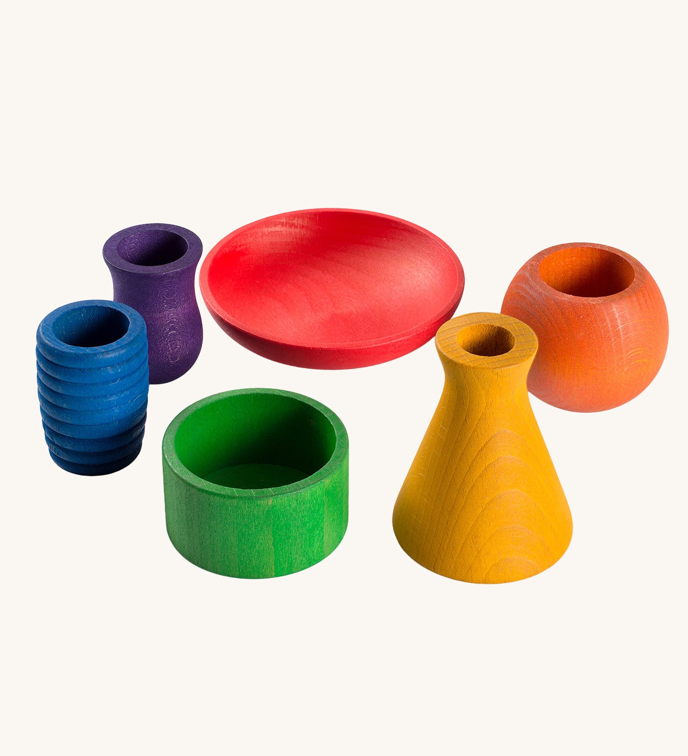 Grapat Wooden Rainbow Sorting Pots. Wooden pots in a mix of shapes in different colours.