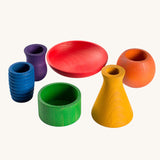 Grapat Wooden Rainbow Sorting Pots. Wooden pots in a mix of shapes in different colours.
