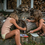 Grapat eco-friendly wooden wow toy set hidden away inside a pile of large wooden logs