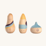 Grapat Wow! Set. A set of three wooden toy figures hand painted in red, purple and yellow.