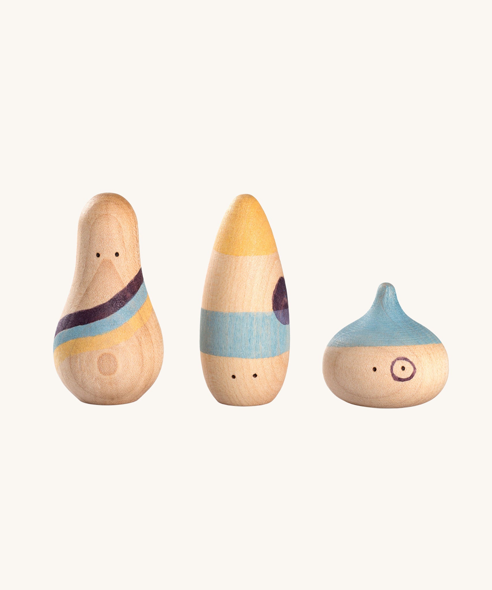 Grapat Wow! Set. A set of three wooden toy figures hand painted in red, purple and yellow.