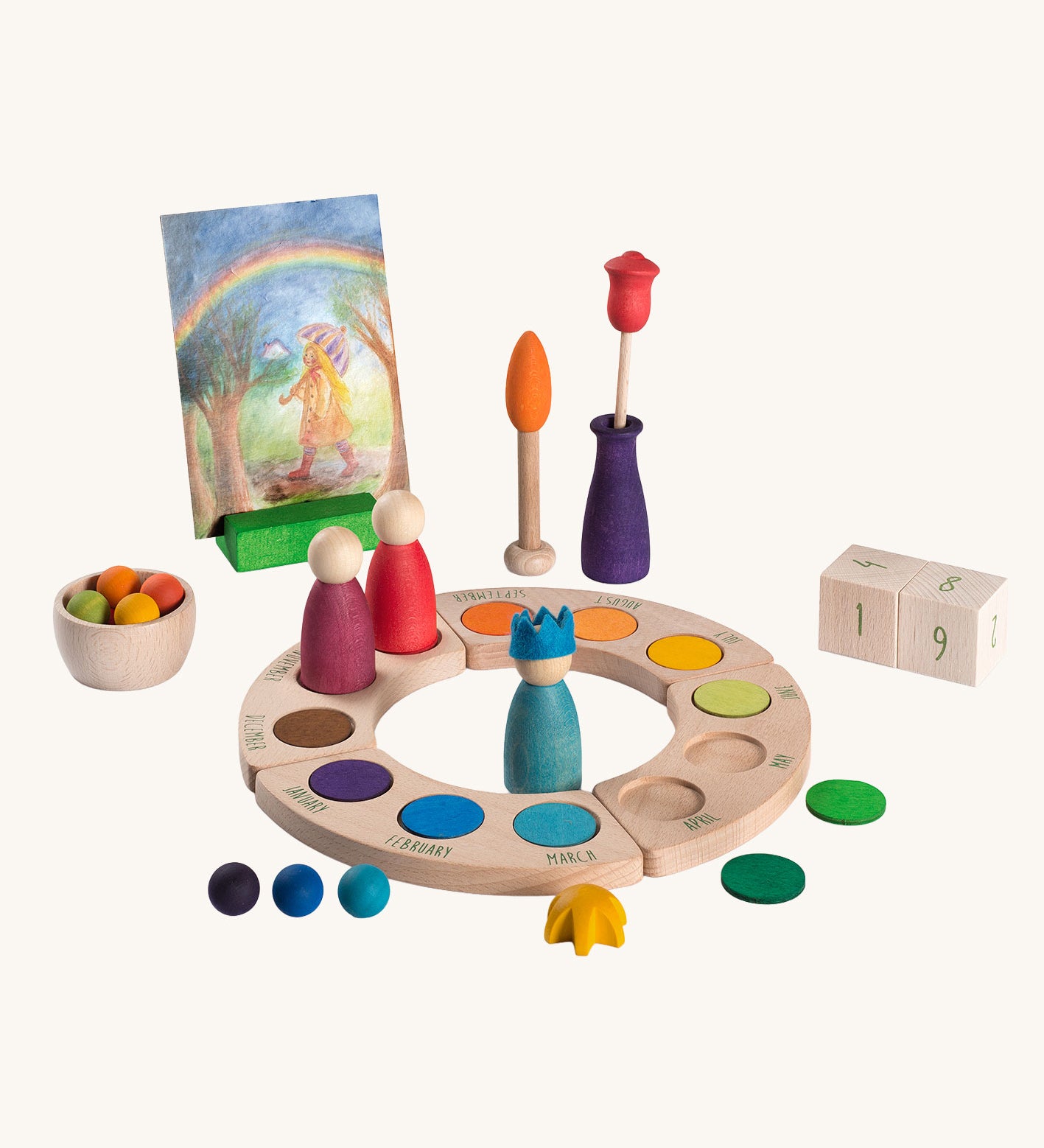 Grapat Your Day Wooden Celebration Set. Hand painted wooden confetti coins and accessories to decorate your Grapat perpetual calendar with. 