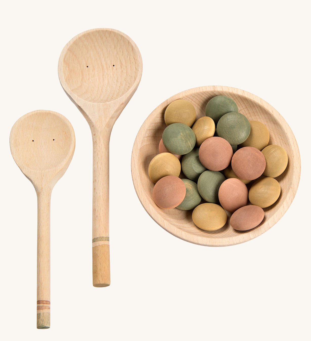 Grapat Yummy Wooden Play Food Set. The set comes with two wooden spoons a bowl and coloured pebbles in pastel shades. 