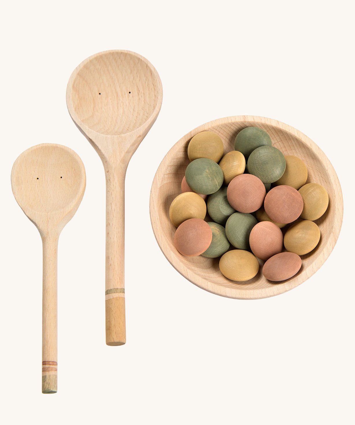 Grapat Yummy Wooden Play Food Set. The set comes with two wooden spoons a bowl and coloured pebbles in pastel shades. 