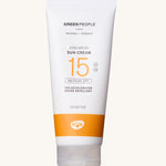 Green People SPF15 Edelweiss Tan Accelerator Sun Lotion in a 200ml tube on a plain background. 