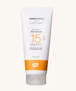 Green People SPF15 Edelweiss Tan Accelerator Sun Lotion in a 200ml tube on a plain background. 