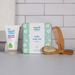 The contents and metal tin of the Organic Babies Green People Baby Bath Set