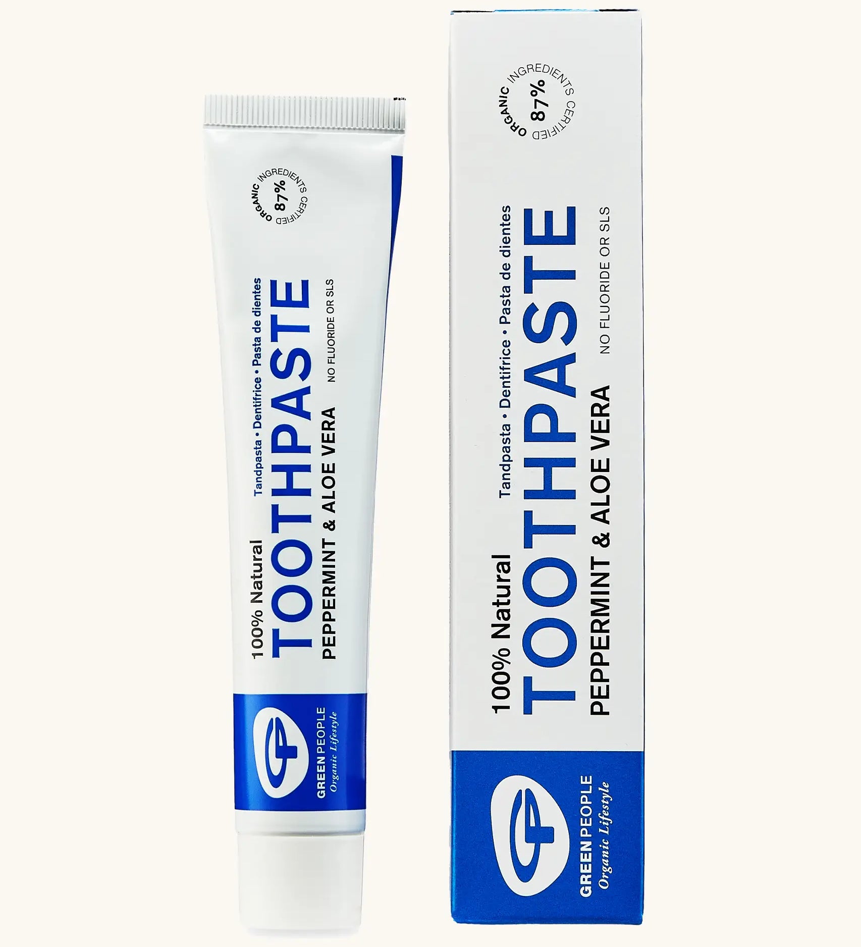 Organic People peppermint and aloe vera toothpaste showing the white tube next to a matching box