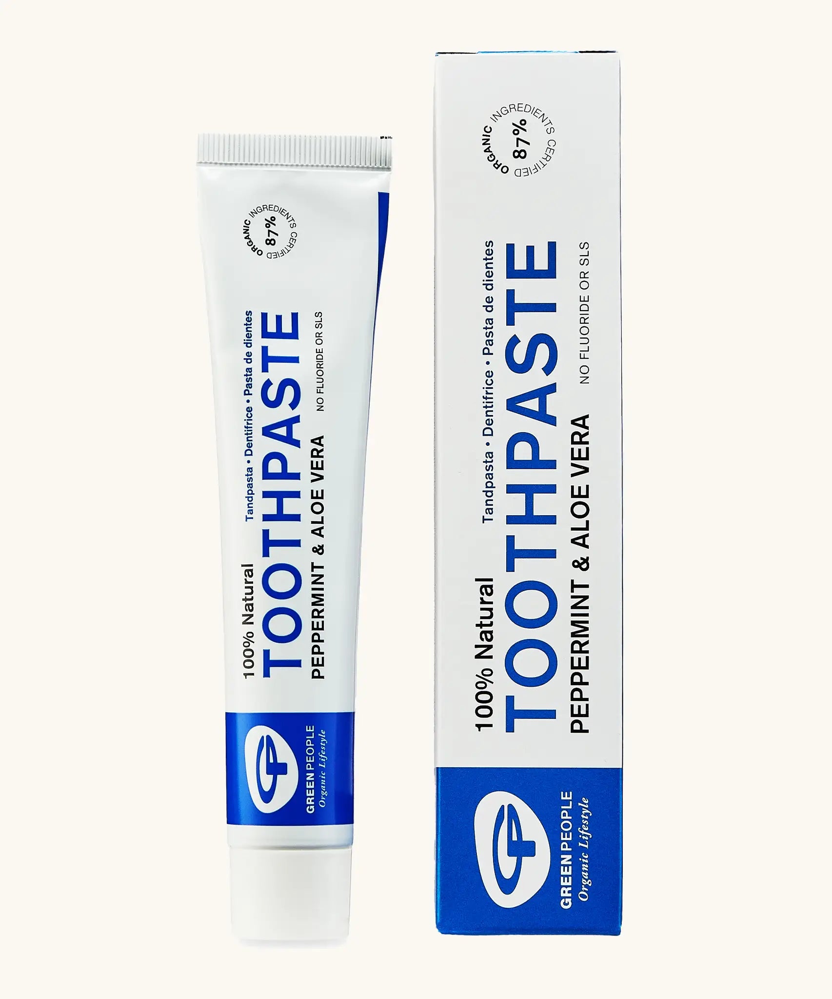 Organic People peppermint and aloe vera toothpaste showing the white tube next to a matching box