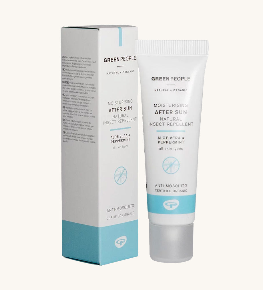 Green People Organic After Sun with Insect Repellent in a travel size 30ml tube and cardboard box.