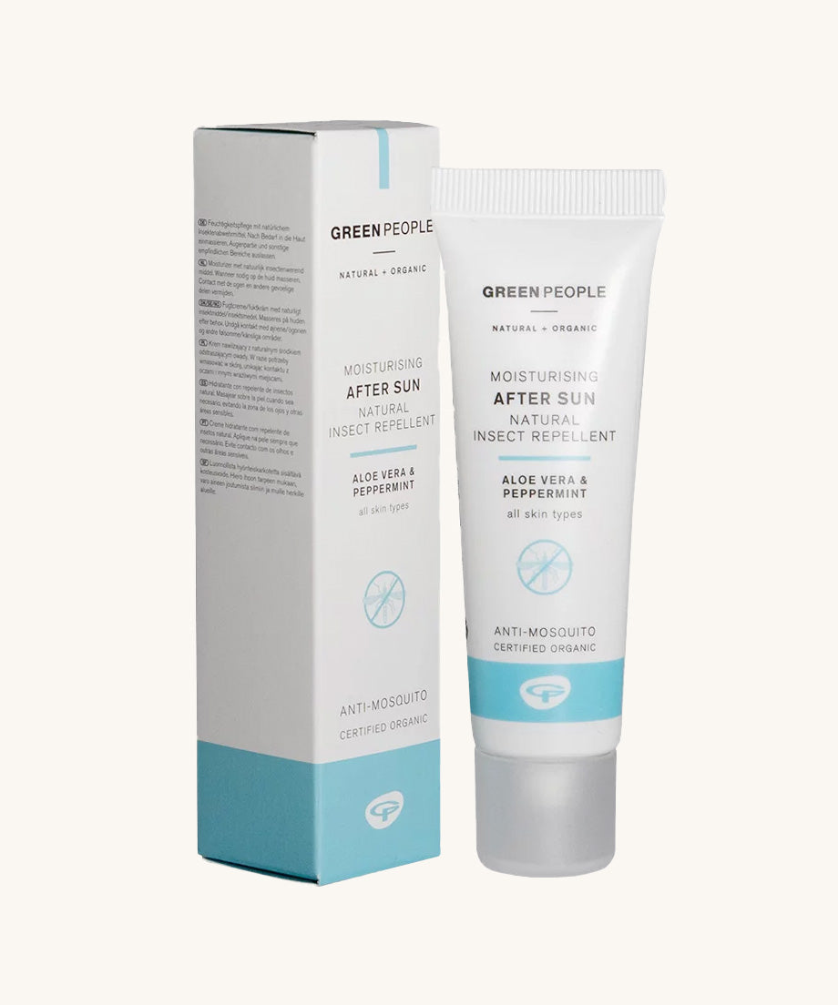 Green People Organic After Sun with Insect Repellent in a travel size 30ml tube and cardboard box.