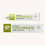 Green People Fennel & Propolis Natural Toothpaste on a plain background. 